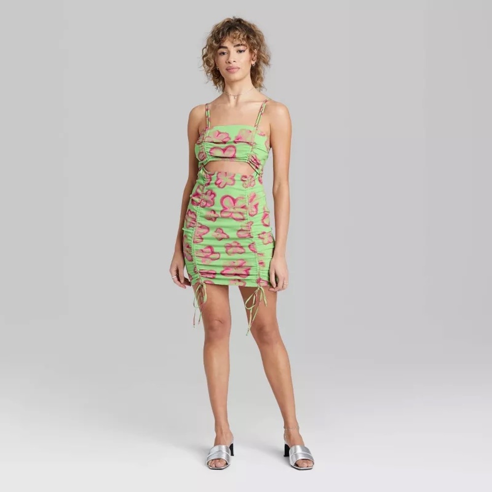 Wild Fable Cut-Out Dress Floral NWT‎ Green Pink Bodycon Fairycore Ruched Small
